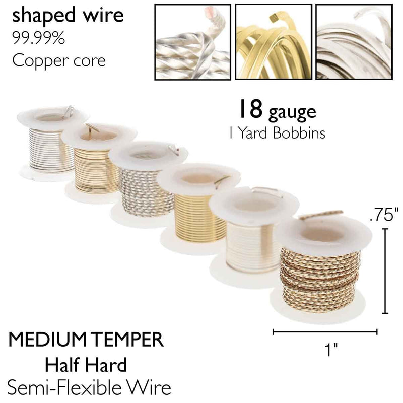 Wire Elements Tarnish Resistant Shaped 18 Gauge Wire - Half Round, Square and Twisted, Gold & Silver, 6 Spools x 1 Yard