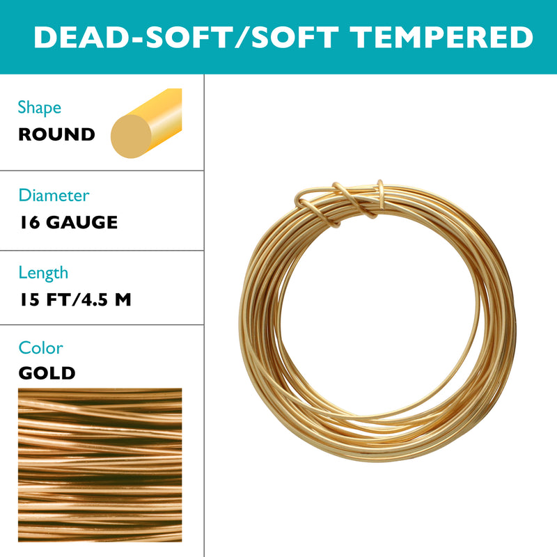 Wire Elements Tarnish Resistant Soft Temper 16 Gauge Wire, Gold, 5 Yards/15 Feet