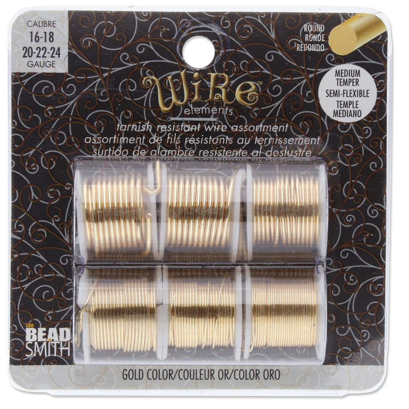 Wire Elements Tarnish Resistant Wire, Gold, Assorted Gauge - 16 (2 Spools x 1 Yard), 18 (2 Yards) , 20 (3 Yards), 22 (4 Yards), 24 (6 Yards)