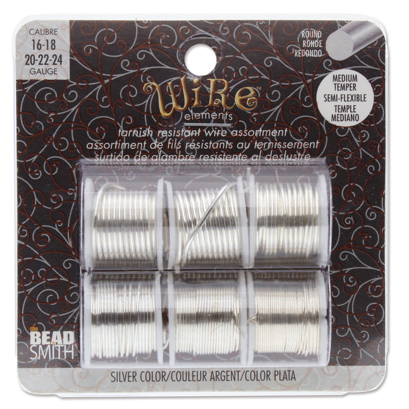 Wire Elements Tarnish Resistant Wire, Silver, Assorted Gauge - 16 (2 Spools x 1 Yard), 18 (2 Yards) , 20 (3 Yards), 22 (4 Yards), 24 (6 Yards)