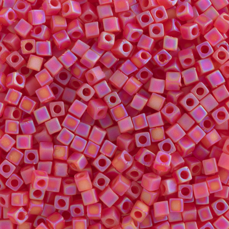 Miyuki Square/Cube Beads 1.8mm, 140FR Matte Transparent Red Orange AB