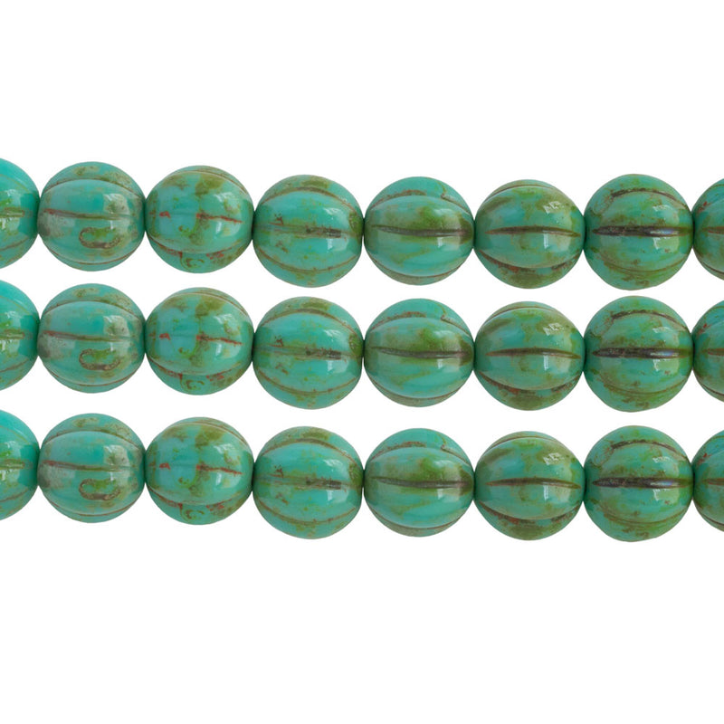 Starman Czech Glass Melon Round Beads 8mm, Turquoise - Picasso, 25 Beads