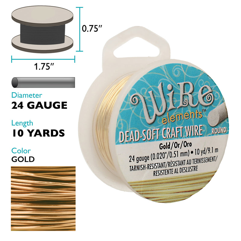 Wire Elements Tarnish Resistant Soft Temper 24 Gauge Wire, Gold, 10 Yards