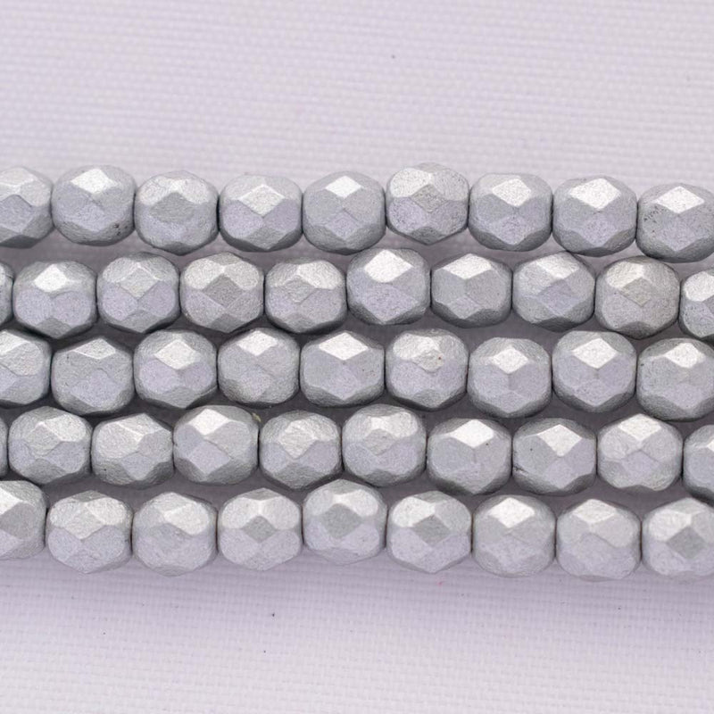 Czech Fire Polish Glass Beads 4mm, Matte - Metallic Silver Czech Shield