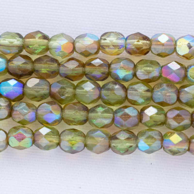 Czech Fire Polish Glass Beads 4mm, Olivine Brown Rainbow Czech Shield