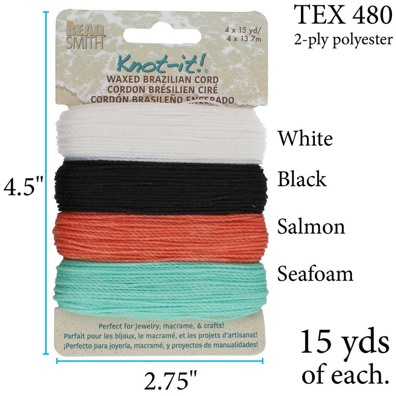 Knot-it! Waxed Brazilian Poly Cord, Thickness 0.8mm, Ocean Dreams, 60 Yards (4 Colors x 15 Yards)